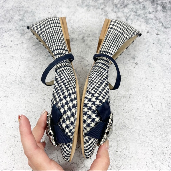 Boden Plaid Jeweled Bow Flats Pointed Blue Holiday Shoes Size 37 - Picture 6 of 7